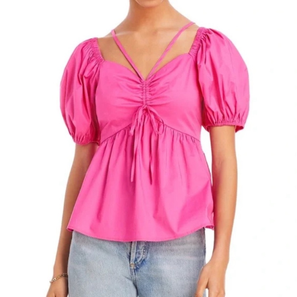 Aqua Puff Sleeve 100% Cotton Halter Blouse Top Hot Pink Size XS